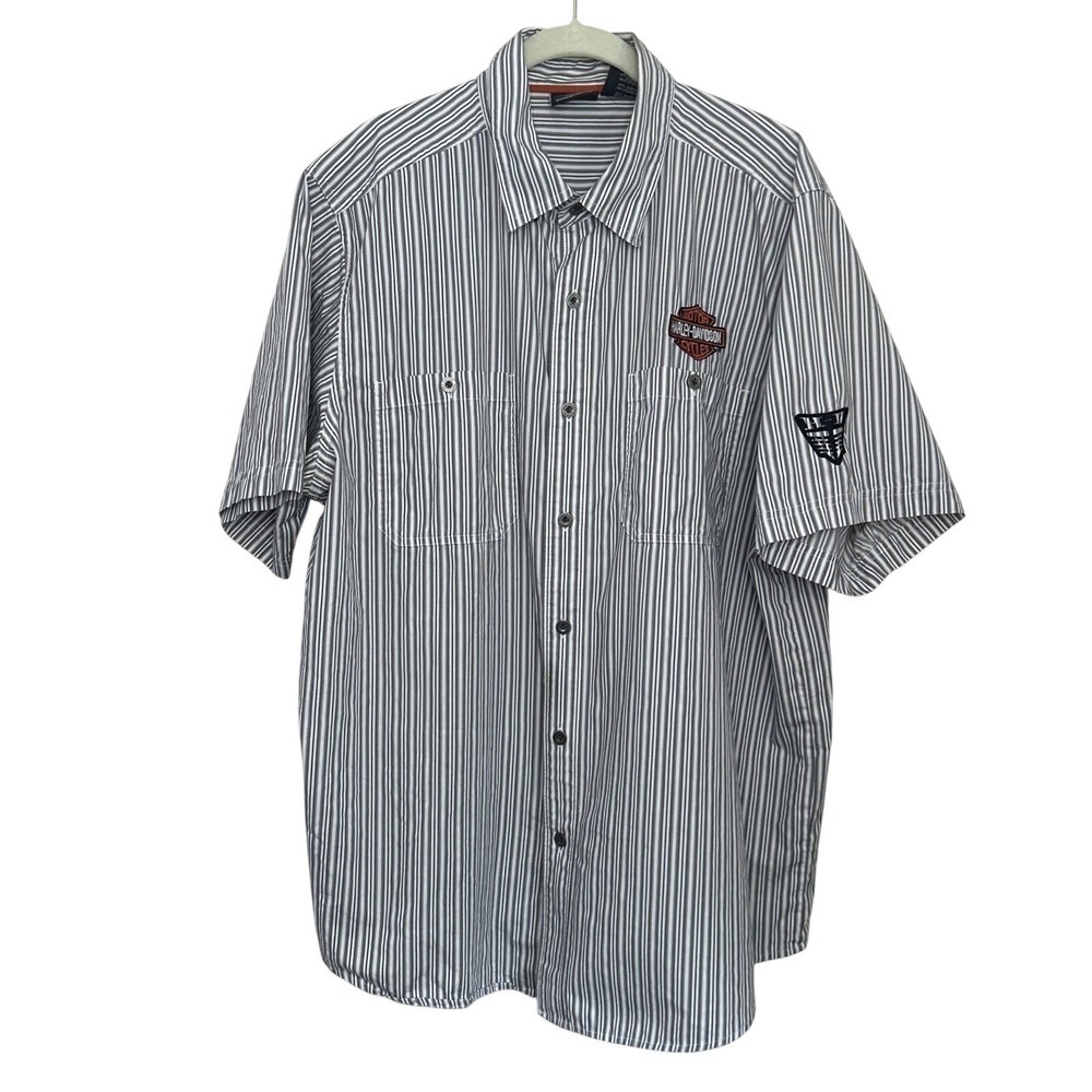 Harley Davidson Men's Black White Striped Button-Down Shirt Embroidered XL - Picture 2 of 11